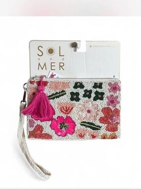 Sol and Mer Pink Floral Beaded Wristlet Clutch with Tassel